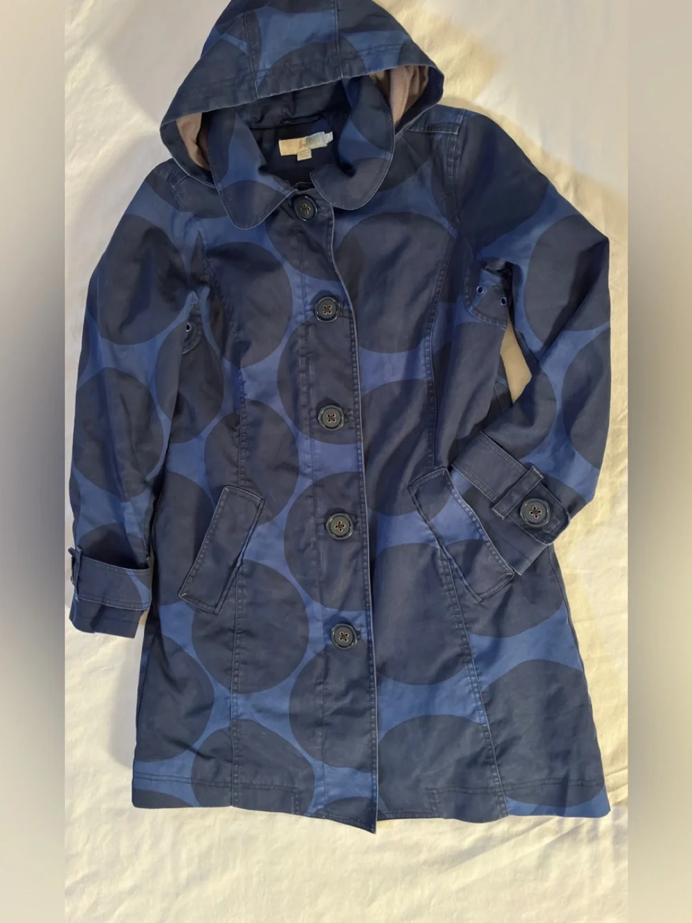 Boden Women’s Hooded Rain Coat Blue Polka Dot Fleece Lined Jacket US 6 UK10